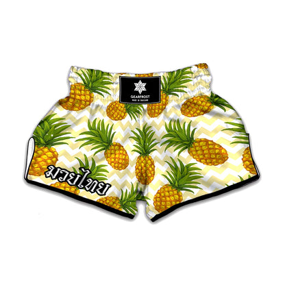 Beige Zig Zag Pineapple Pattern Print Muay Thai Boxing Shorts