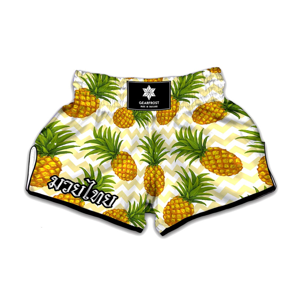 Beige Zig Zag Pineapple Pattern Print Muay Thai Boxing Shorts