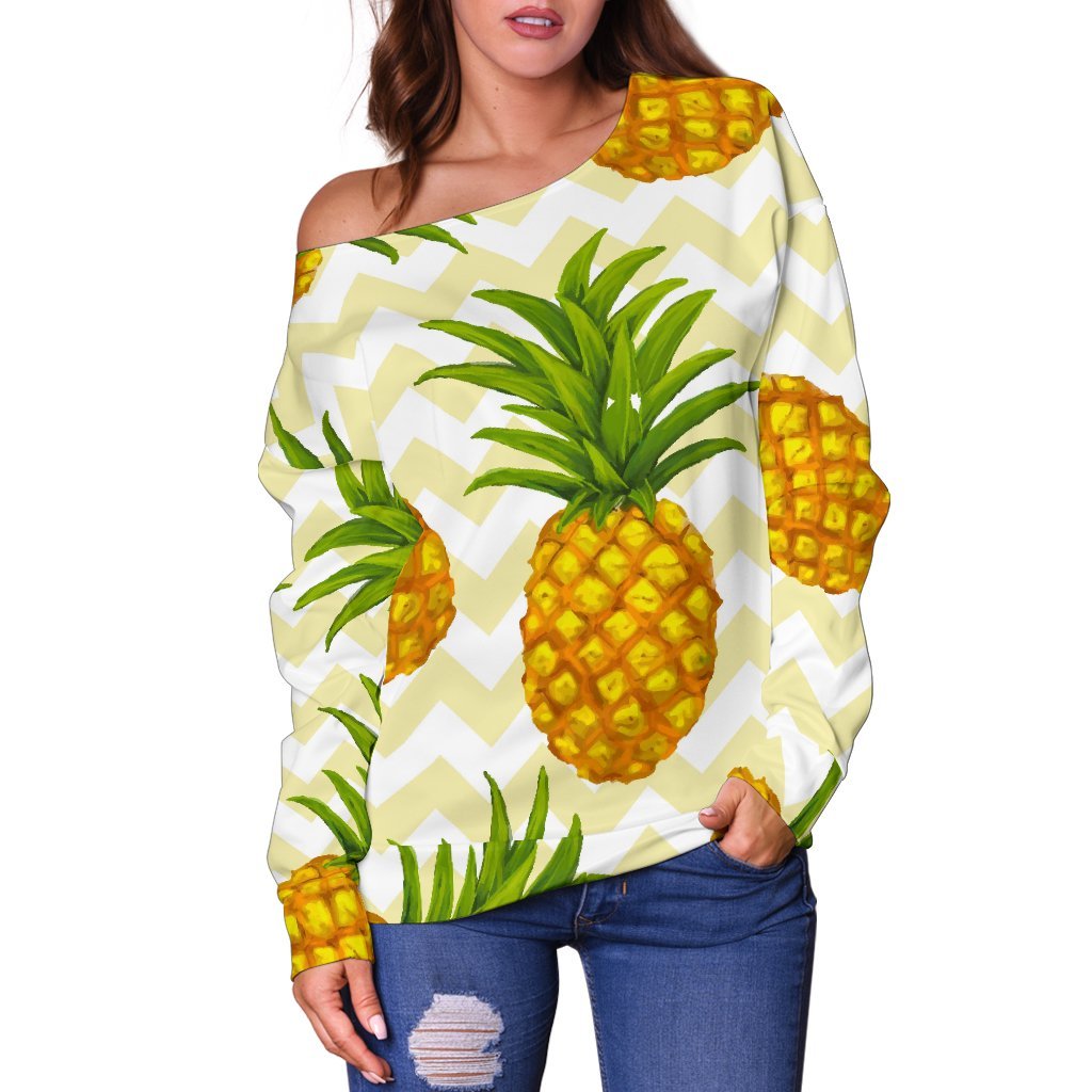 Beige Zig Zag Pineapple Pattern Print Off Shoulder Sweatshirt GearFrost