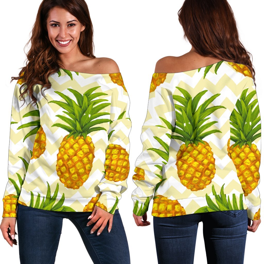 Beige Zig Zag Pineapple Pattern Print Off Shoulder Sweatshirt GearFrost