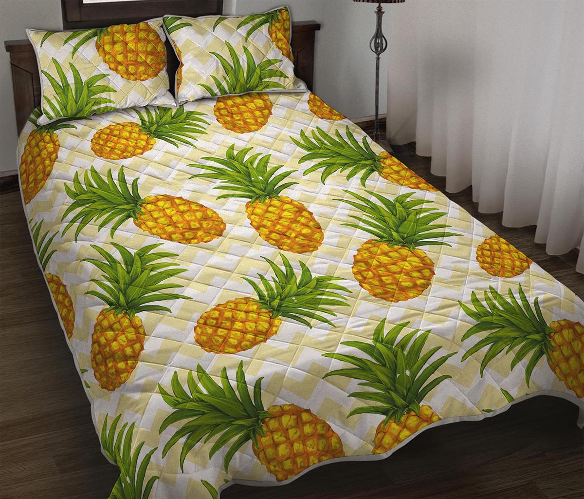 Beige Zig Zag Pineapple Pattern Print Quilt Bed Set