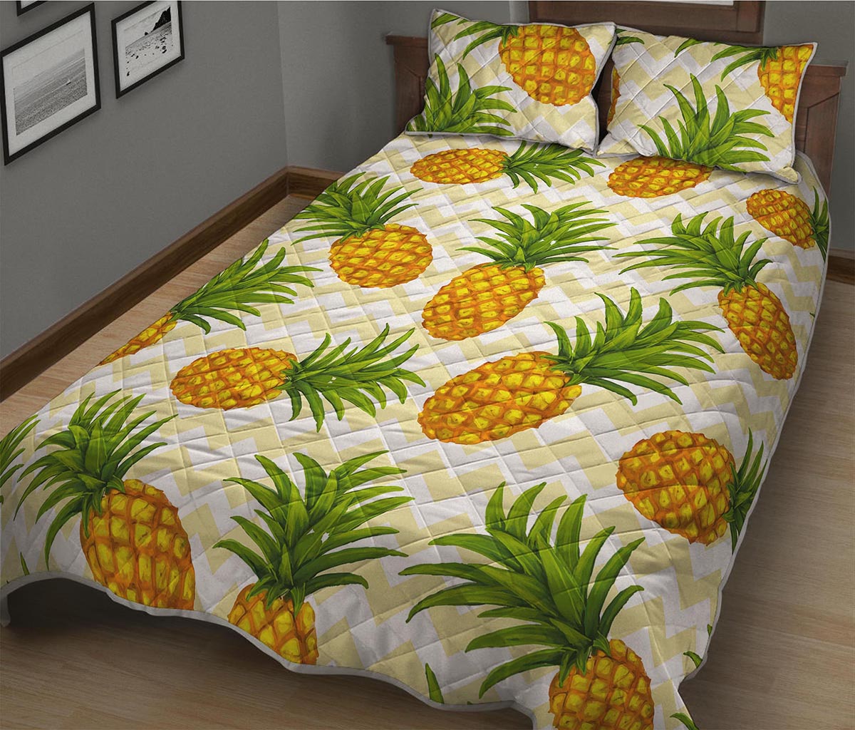 Beige Zig Zag Pineapple Pattern Print Quilt Bed Set