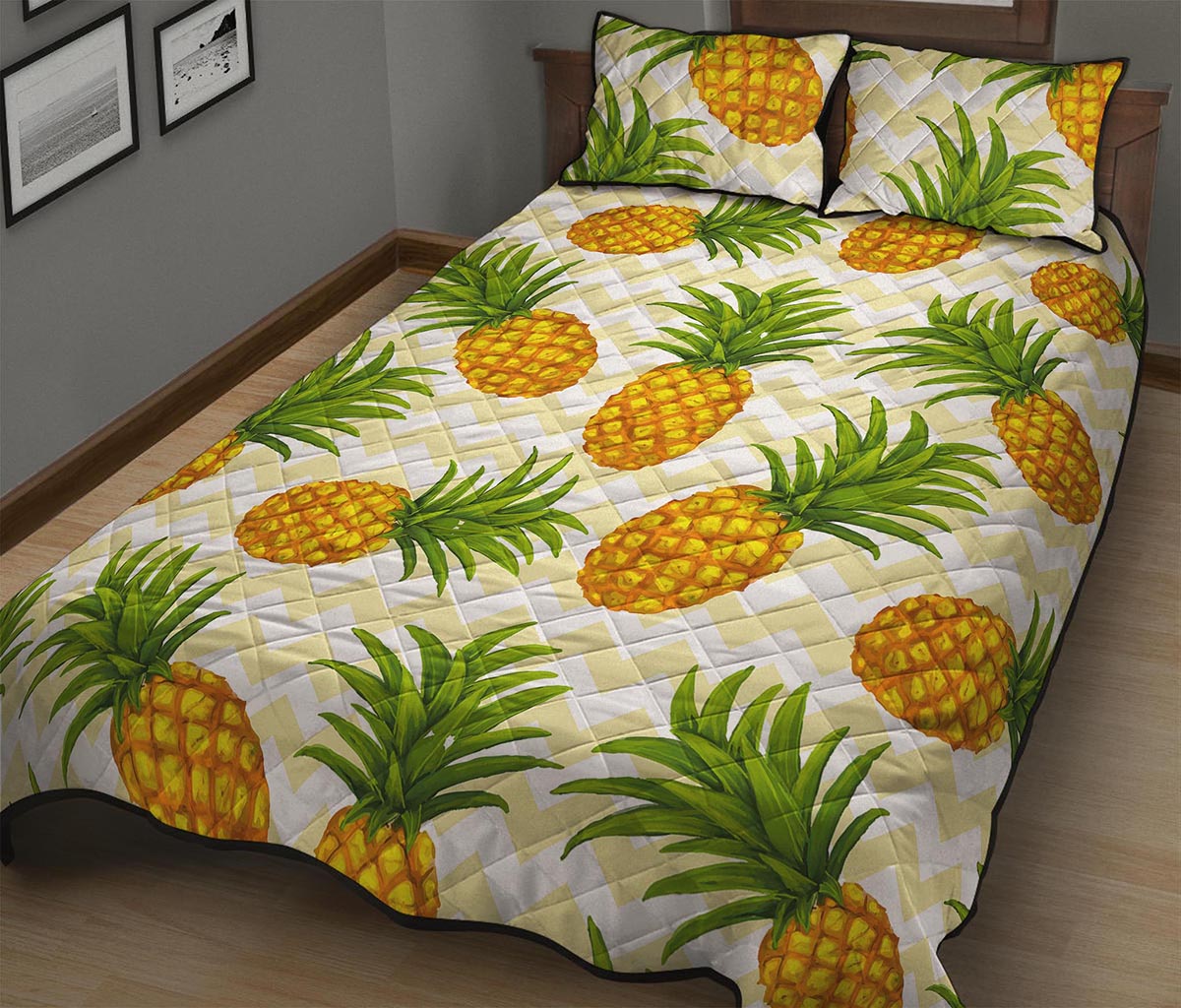 Beige Zig Zag Pineapple Pattern Print Quilt Bed Set