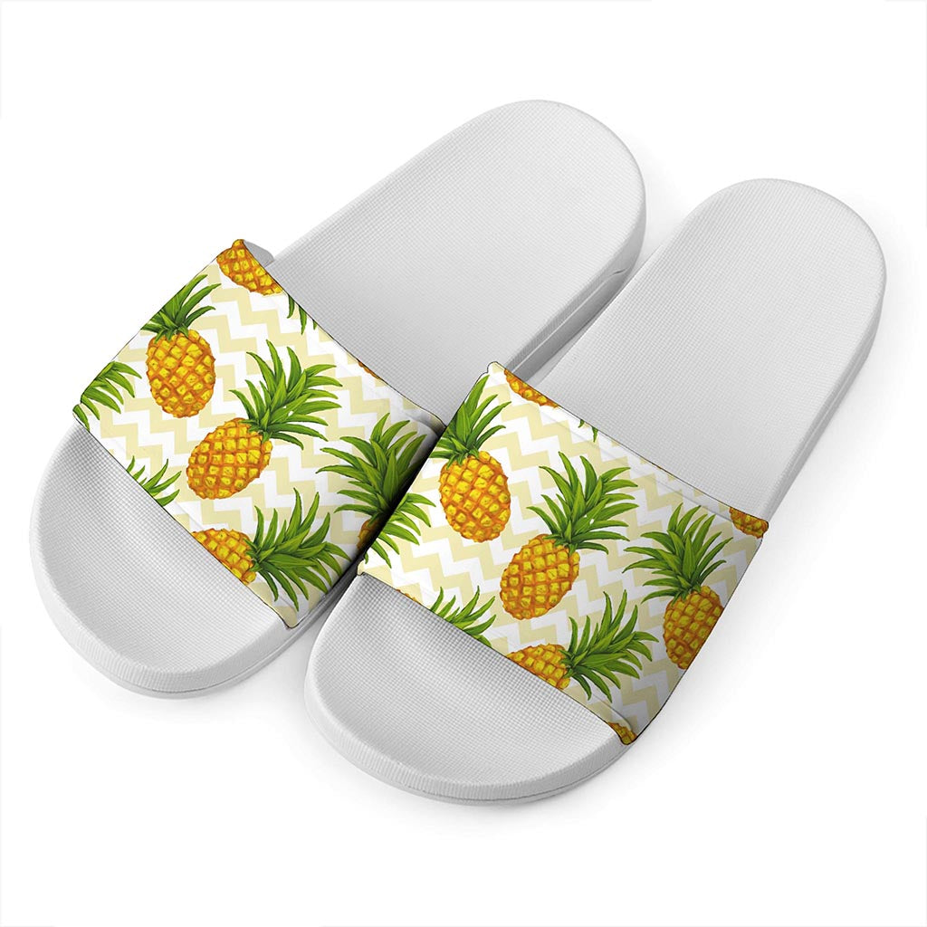 Beige Zig Zag Pineapple Pattern Print White Slide Sandals