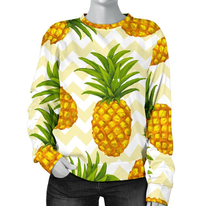 Beige Zig Zag Pineapple Pattern Print Women's Crewneck Sweatshirt GearFrost