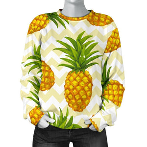 Beige Zig Zag Pineapple Pattern Print Women's Crewneck Sweatshirt GearFrost