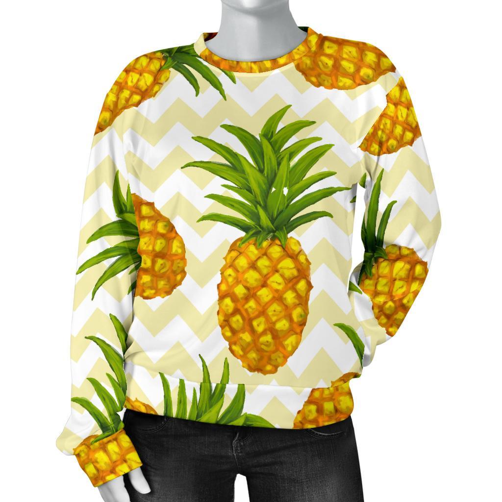 Beige Zig Zag Pineapple Pattern Print Women's Crewneck Sweatshirt GearFrost