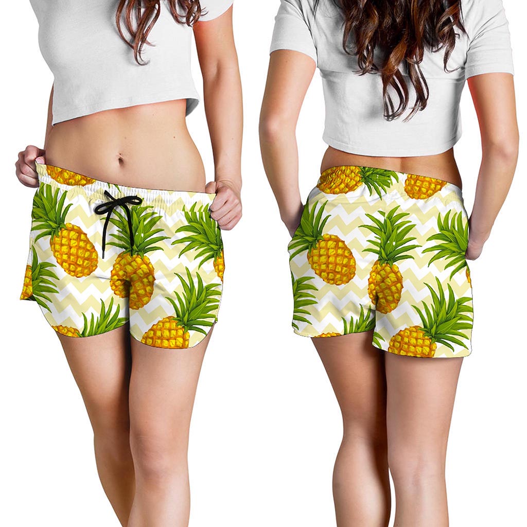 Beige Zig Zag Pineapple Pattern Print Women's Shorts
