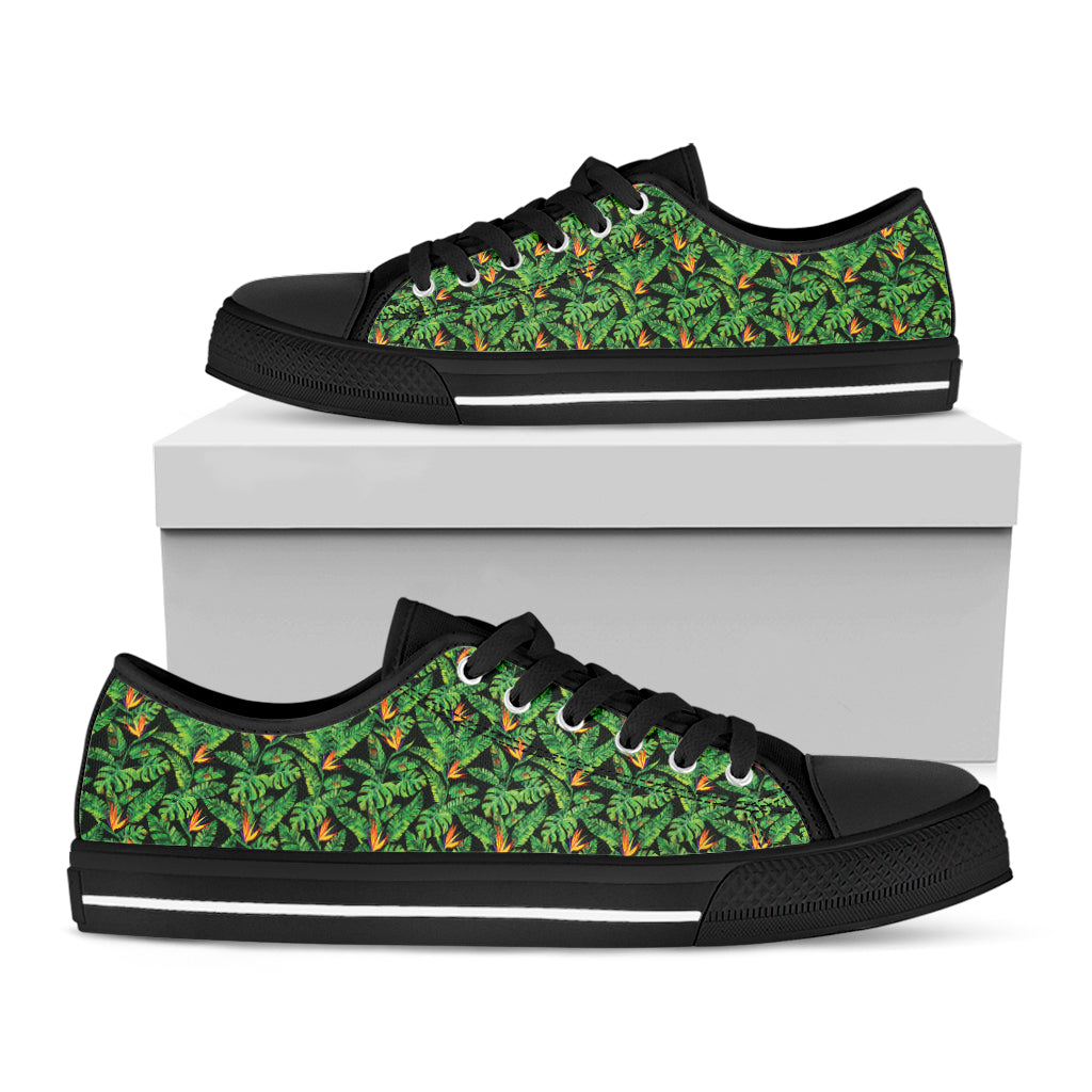 Bird Of Paradise And Palm Leaves Print Black Low Top Shoes