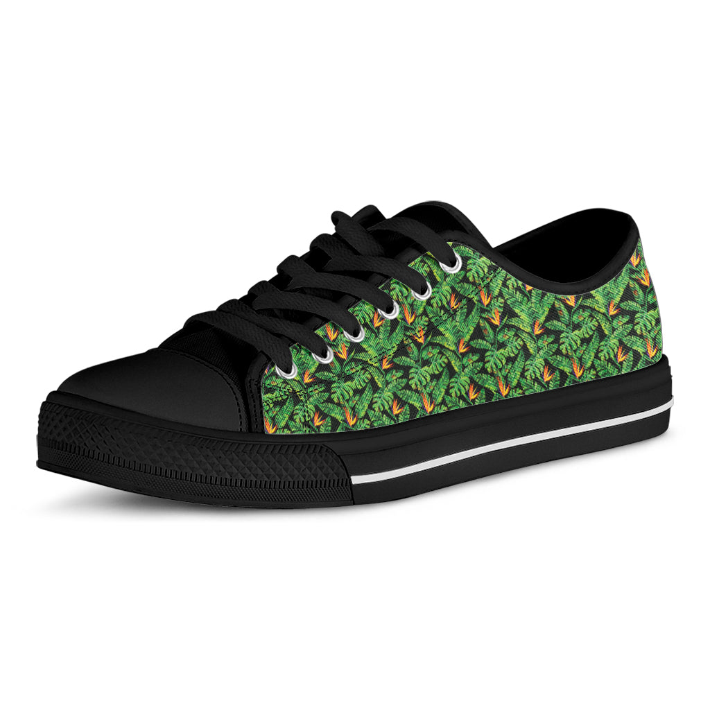 Bird Of Paradise And Palm Leaves Print Black Low Top Shoes