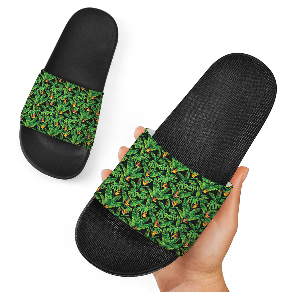 Bird Of Paradise And Palm Leaves Print Black Slide Sandals