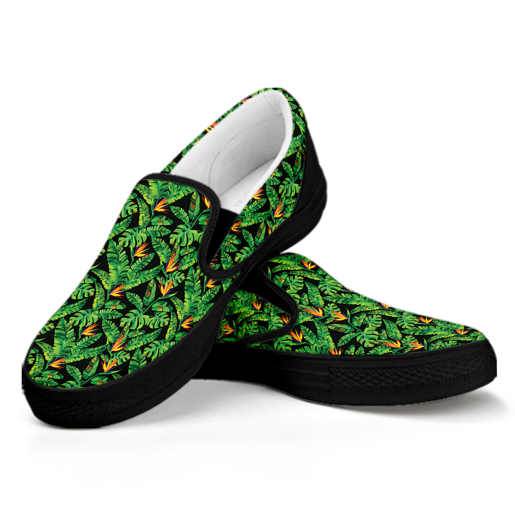 Bird Of Paradise And Palm Leaves Print Black Slip On Shoes