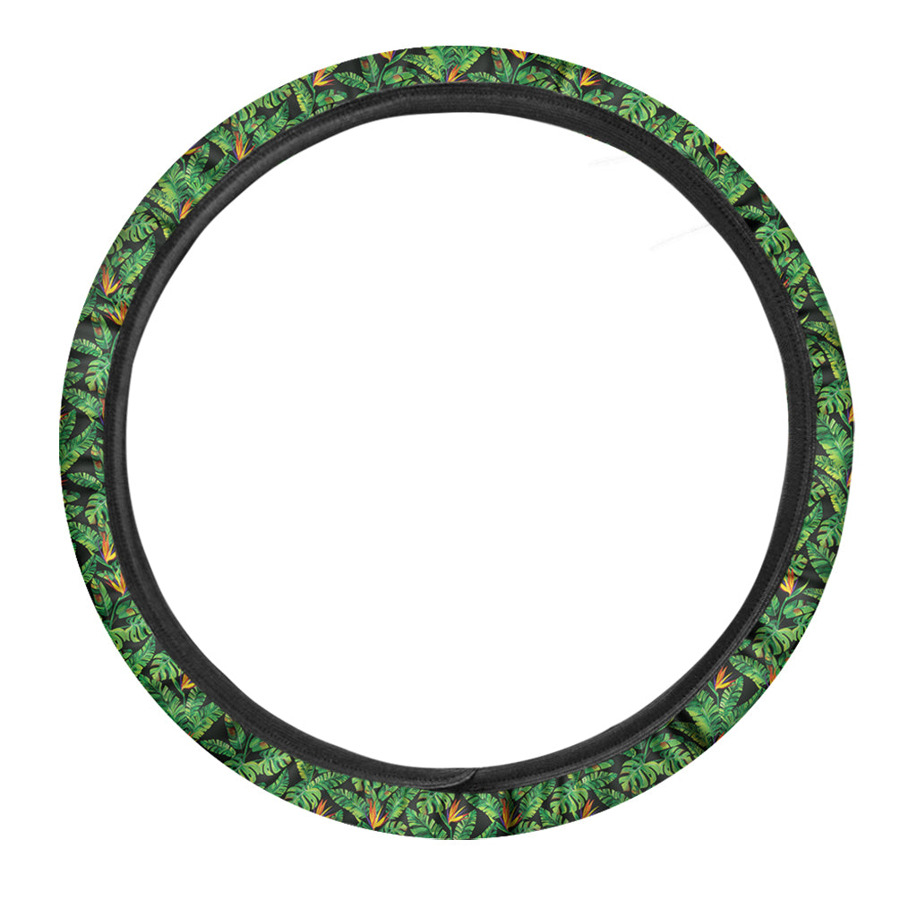 Bird Of Paradise And Palm Leaves Print Car Steering Wheel Cover