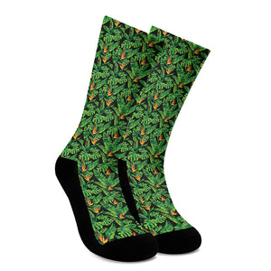 Bird Of Paradise And Palm Leaves Print Crew Socks