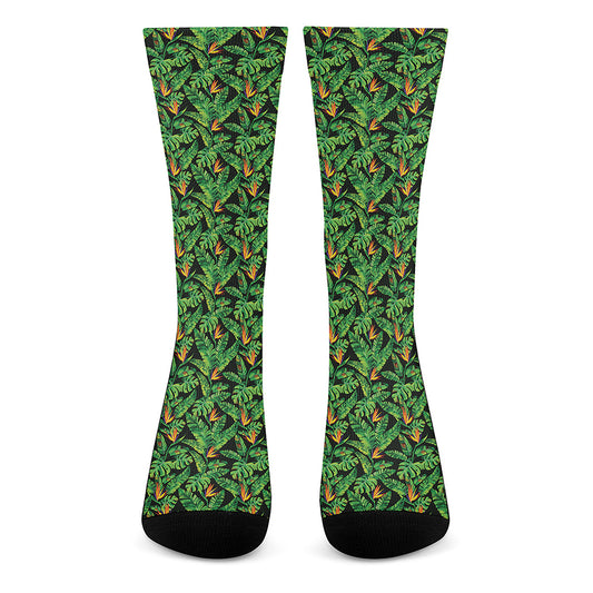 Bird Of Paradise And Palm Leaves Print Crew Socks
