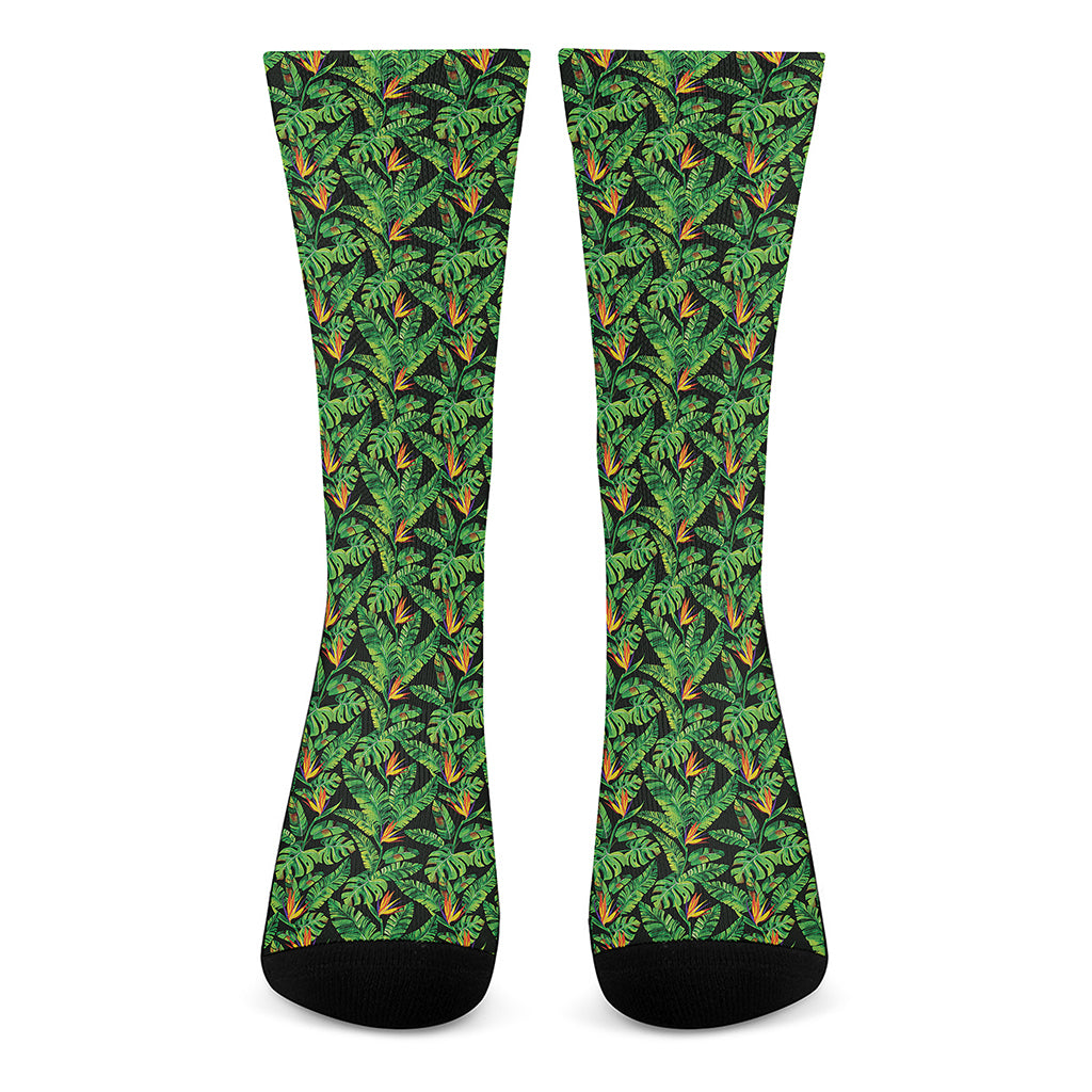 Bird Of Paradise And Palm Leaves Print Crew Socks