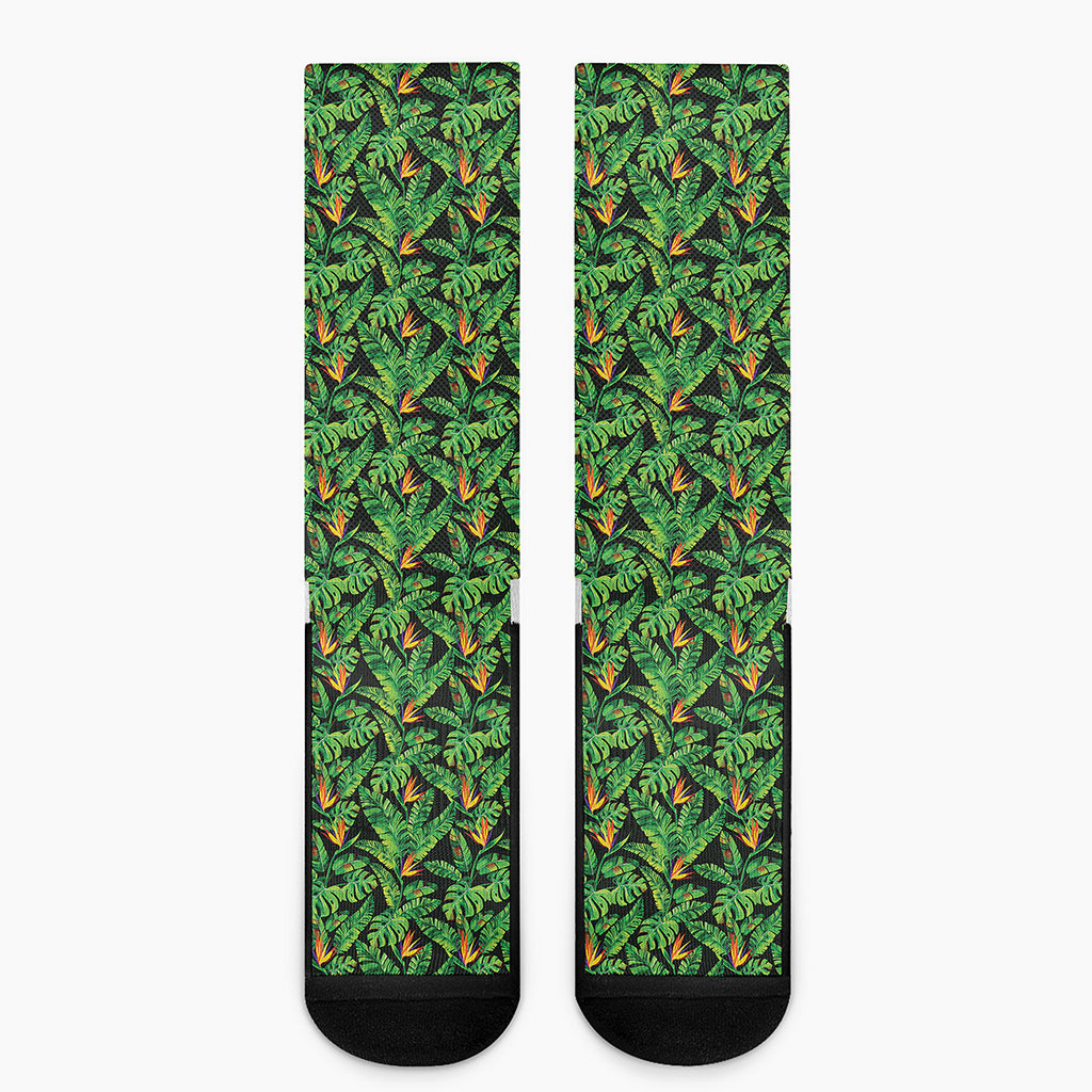 Bird Of Paradise And Palm Leaves Print Crew Socks