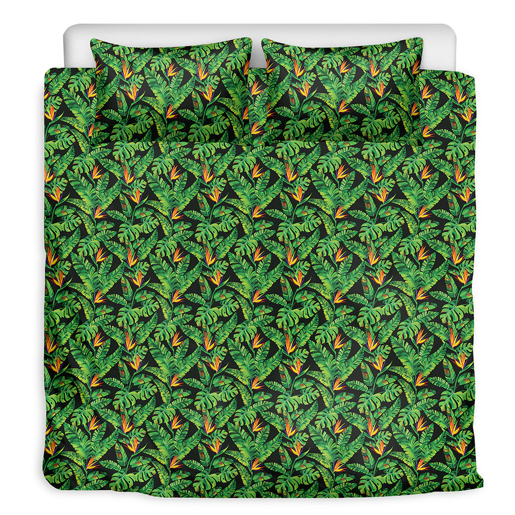 Bird Of Paradise And Palm Leaves Print Duvet Cover Bedding Set