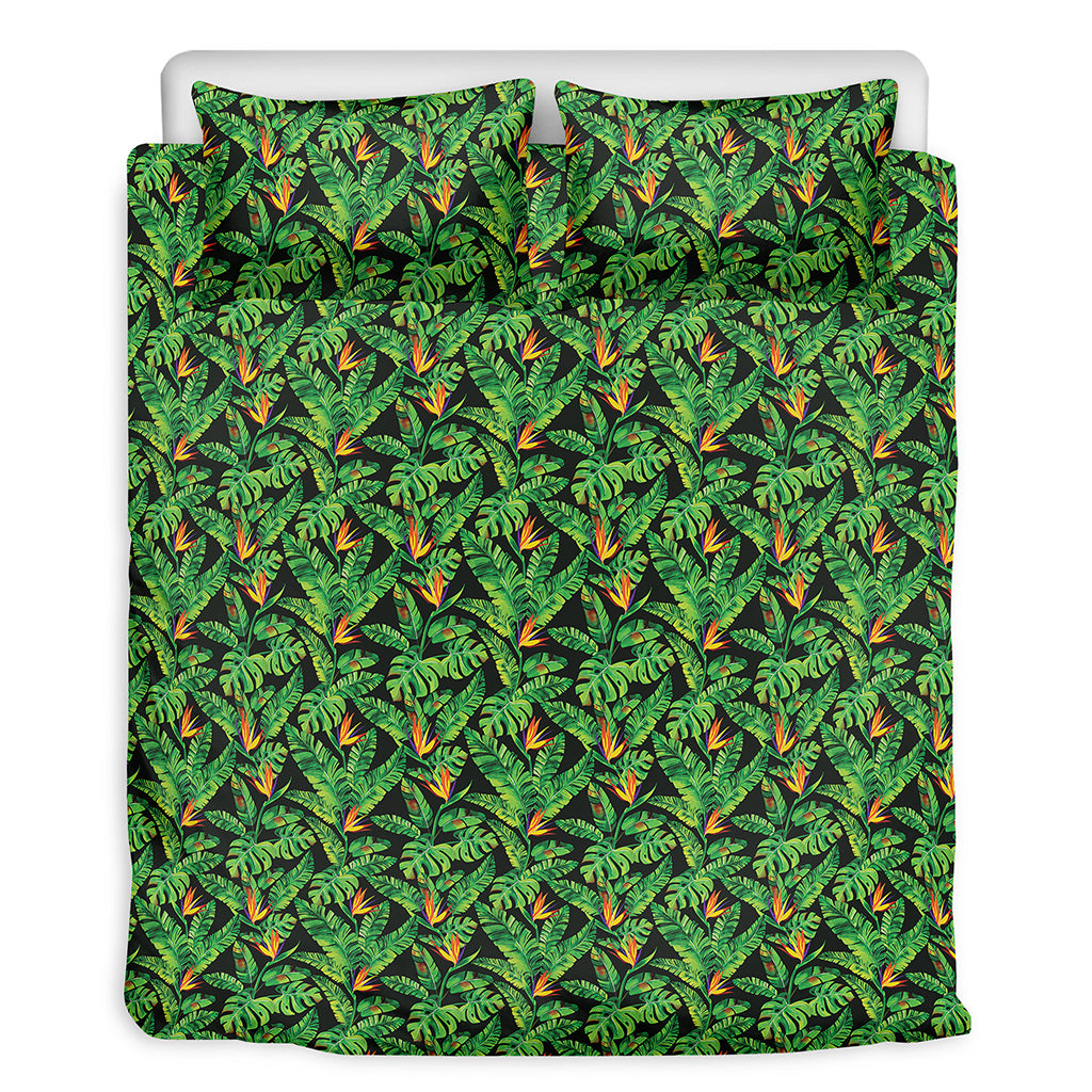 Bird Of Paradise And Palm Leaves Print Duvet Cover Bedding Set