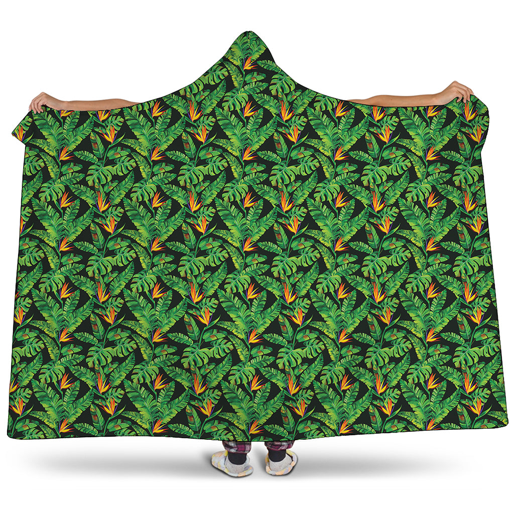 Bird Of Paradise And Palm Leaves Print Hooded Blanket