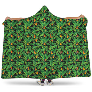 Bird Of Paradise And Palm Leaves Print Hooded Blanket