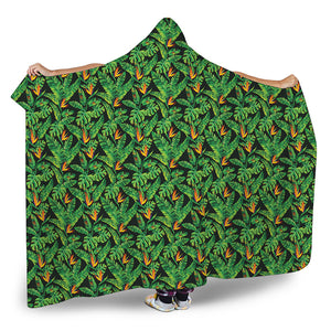 Bird Of Paradise And Palm Leaves Print Hooded Blanket