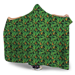 Bird Of Paradise And Palm Leaves Print Hooded Blanket