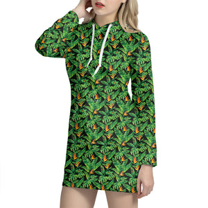 Bird Of Paradise And Palm Leaves Print Hoodie Dress