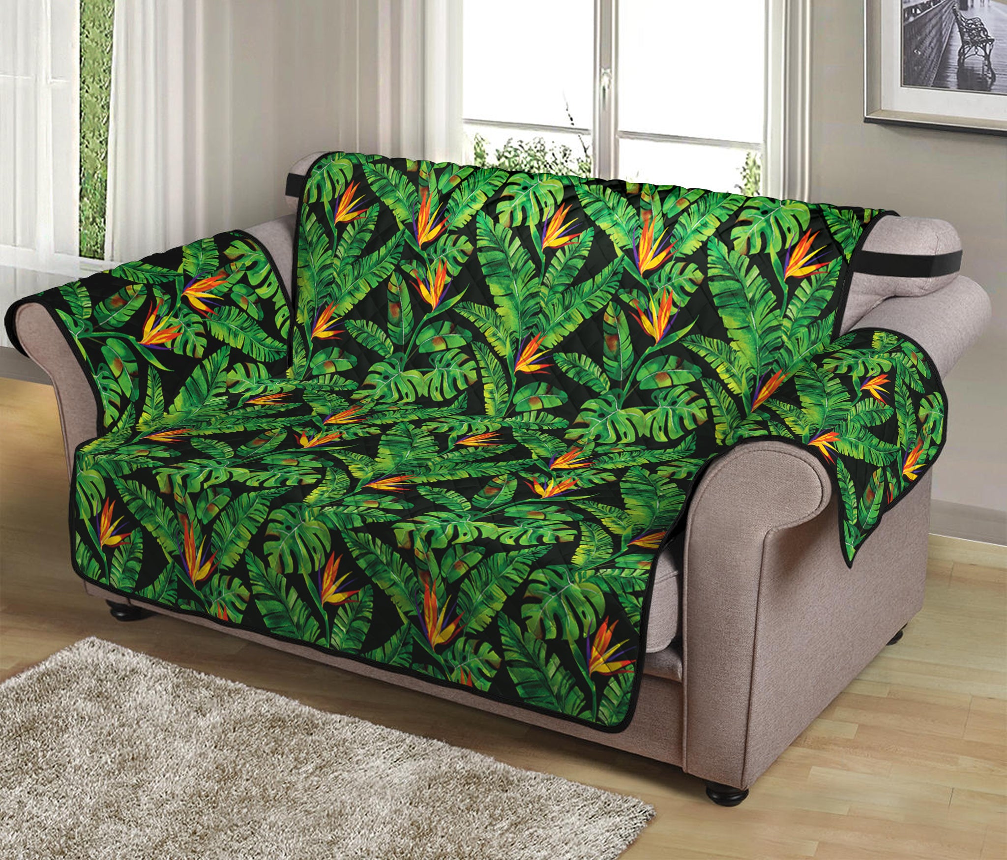 Bird Of Paradise And Palm Leaves Print Loveseat Protector