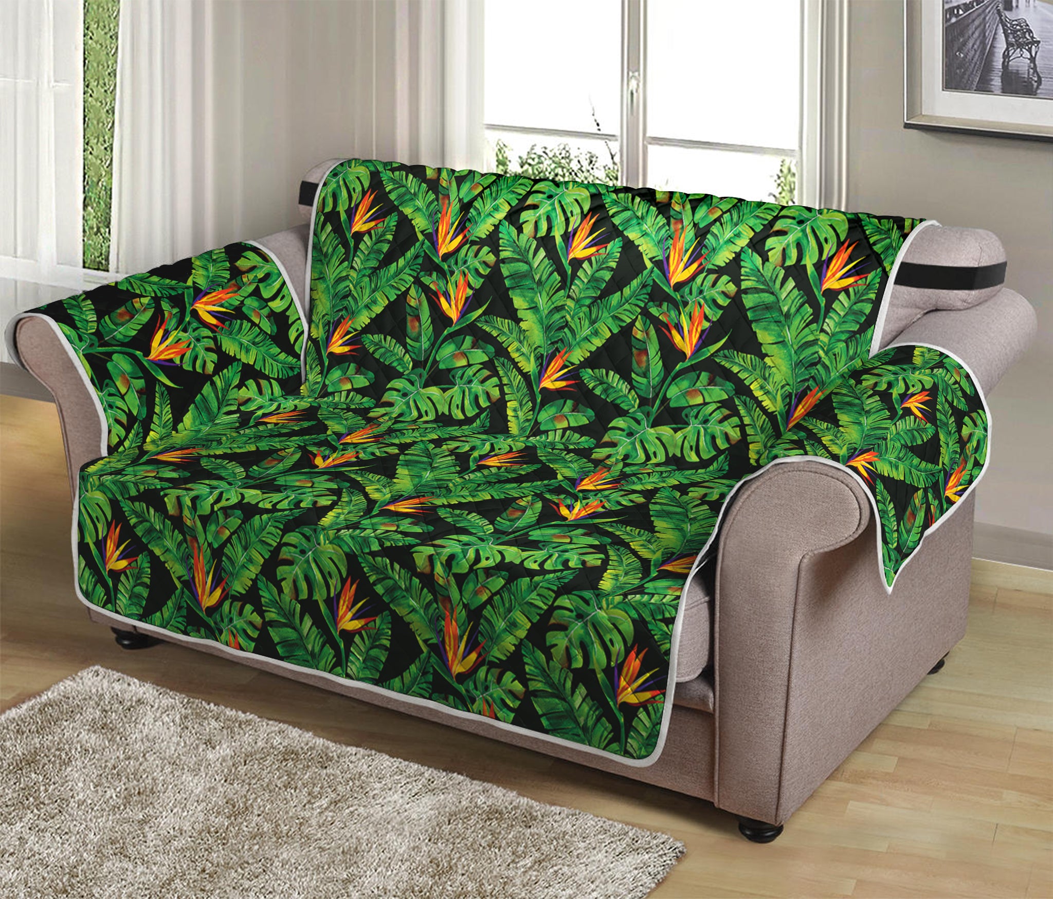 Bird Of Paradise And Palm Leaves Print Loveseat Protector