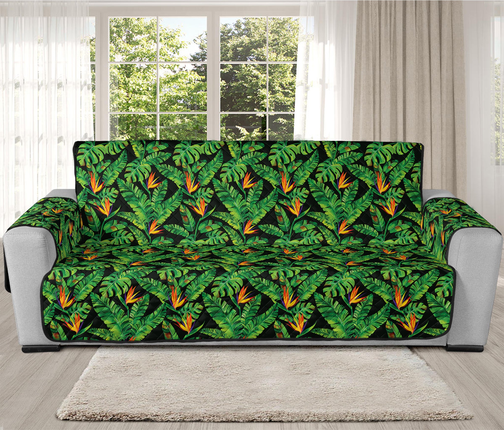 Bird Of Paradise And Palm Leaves Print Oversized Sofa Protector