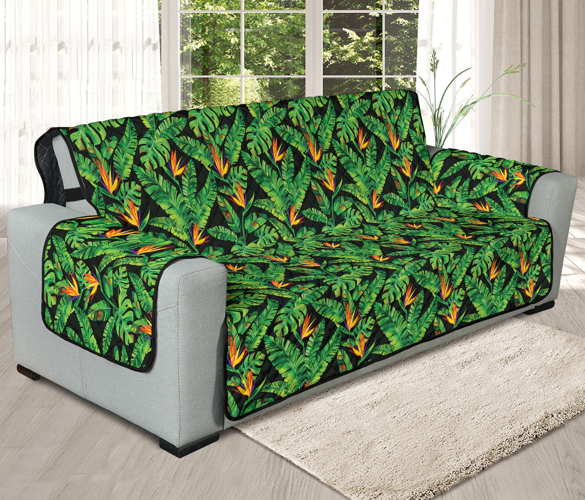 Bird Of Paradise And Palm Leaves Print Oversized Sofa Protector