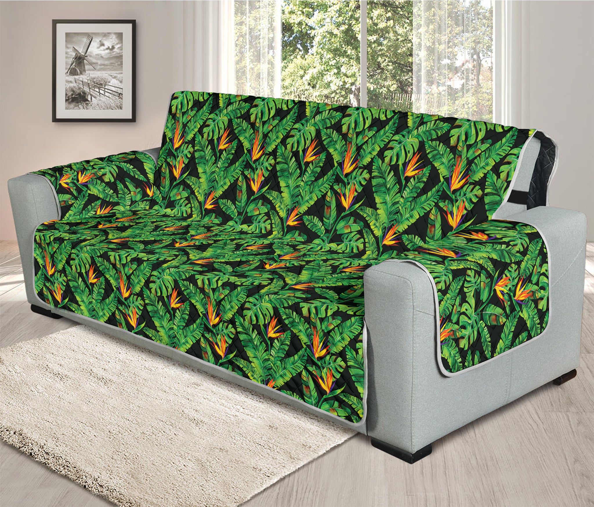 Bird Of Paradise And Palm Leaves Print Oversized Sofa Protector