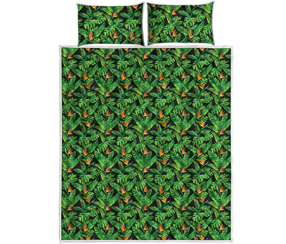 Bird Of Paradise And Palm Leaves Print Quilt Bed Set