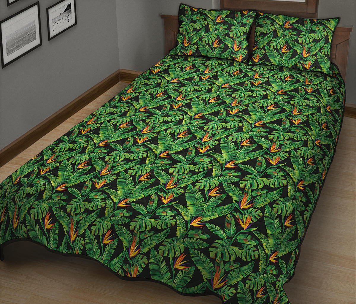 Bird Of Paradise And Palm Leaves Print Quilt Bed Set