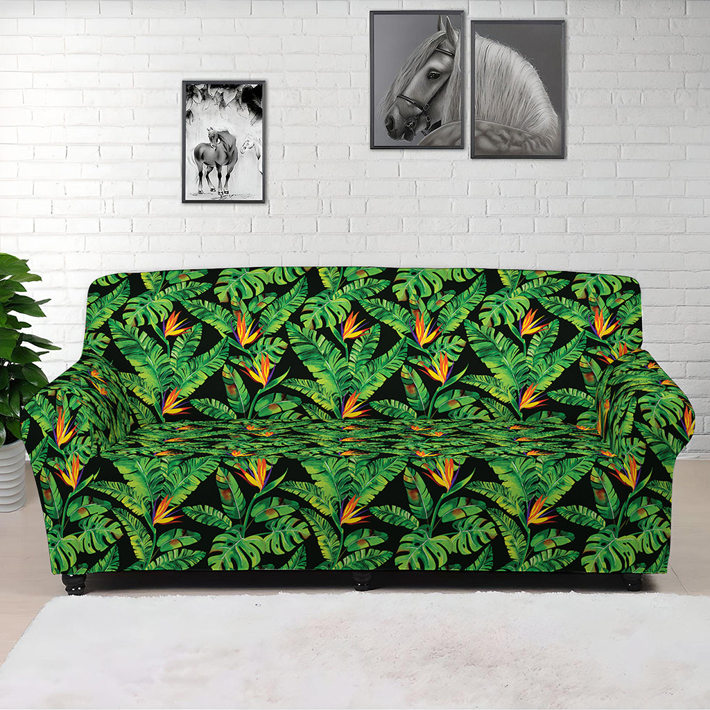 Bird Of Paradise And Palm Leaves Print Sofa Cover