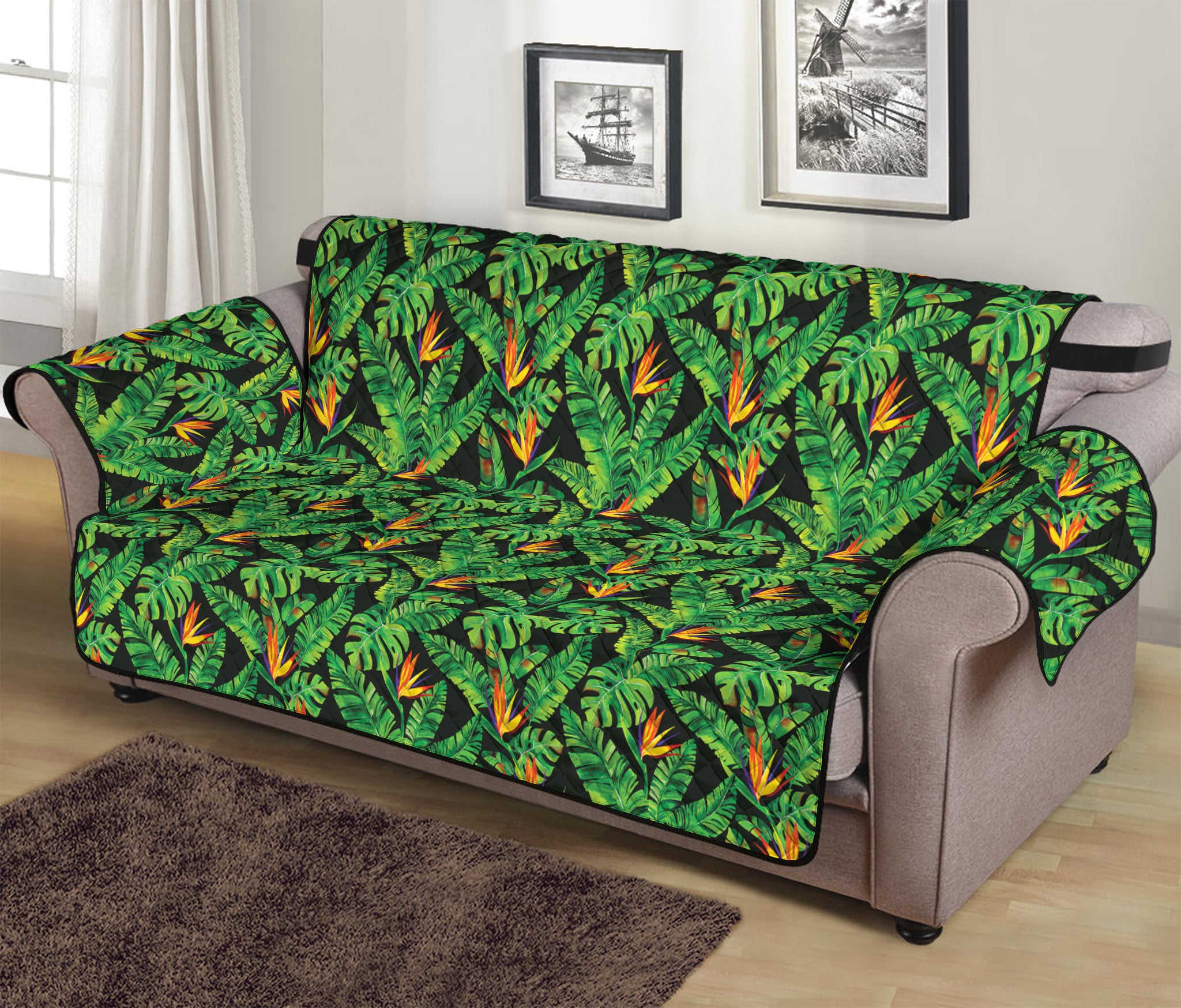 Bird Of Paradise And Palm Leaves Print Sofa Protector