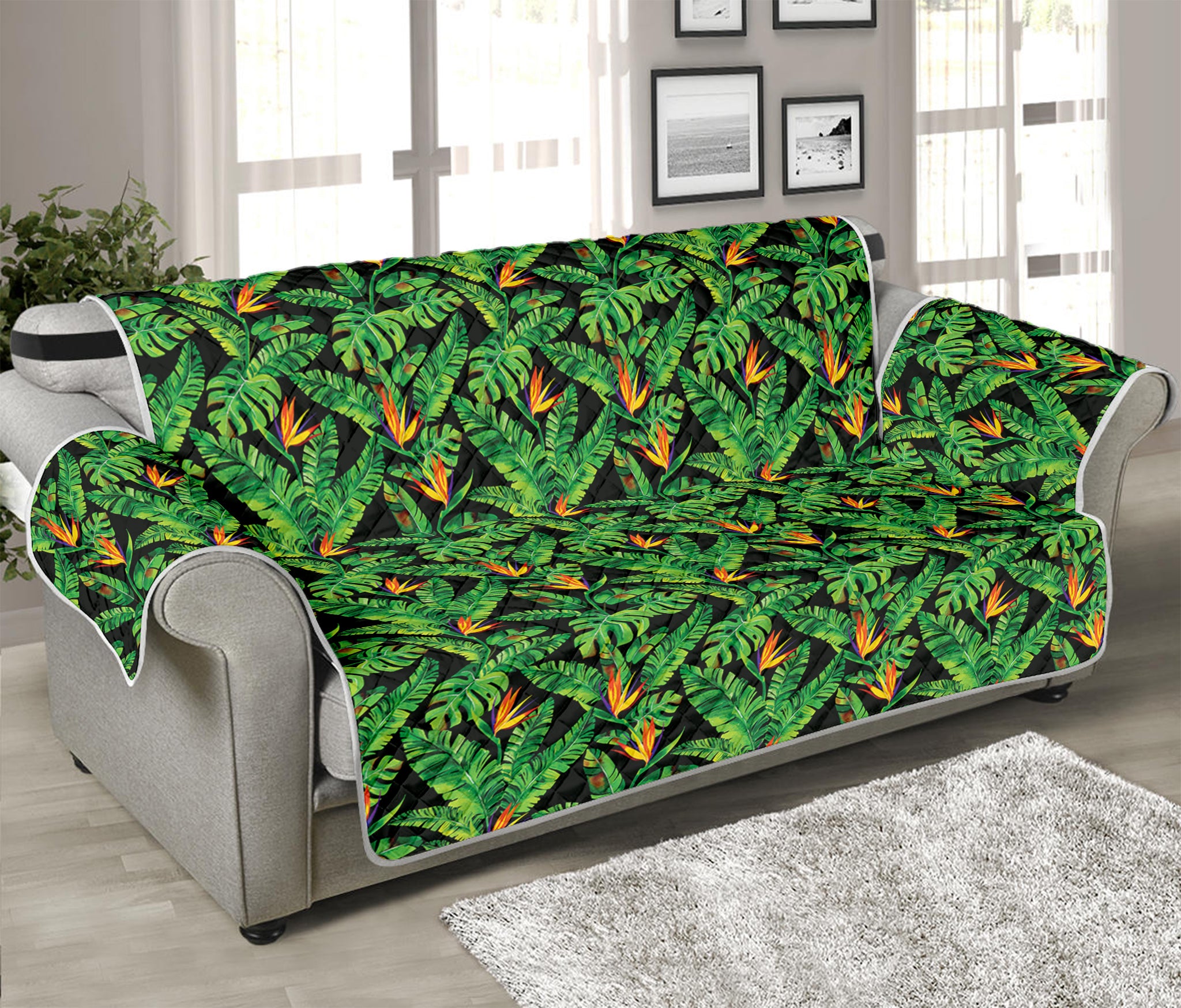 Bird Of Paradise And Palm Leaves Print Sofa Protector