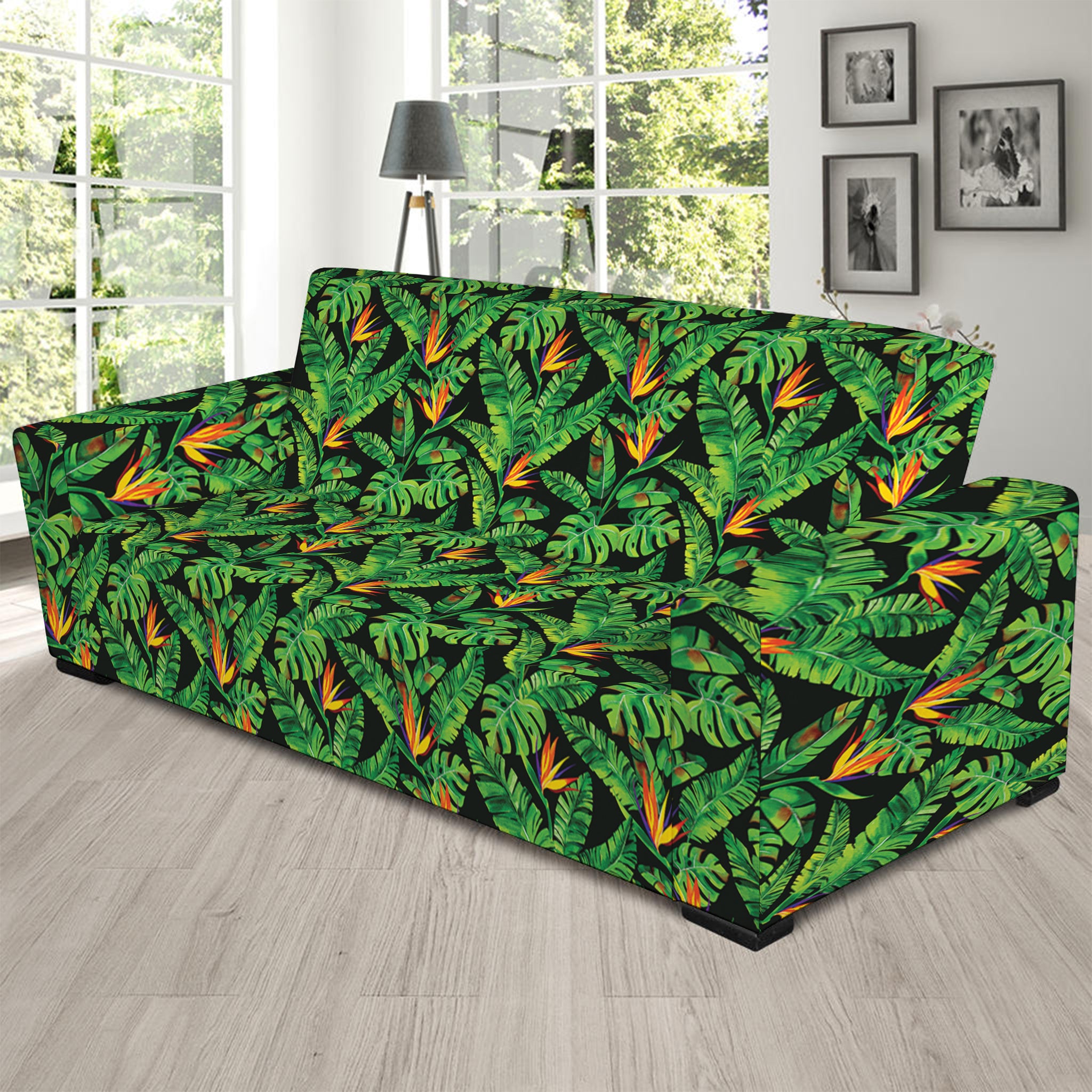 Bird Of Paradise And Palm Leaves Print Sofa Slipcover