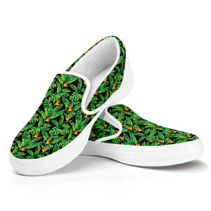 Bird Of Paradise And Palm Leaves Print White Slip On Shoes