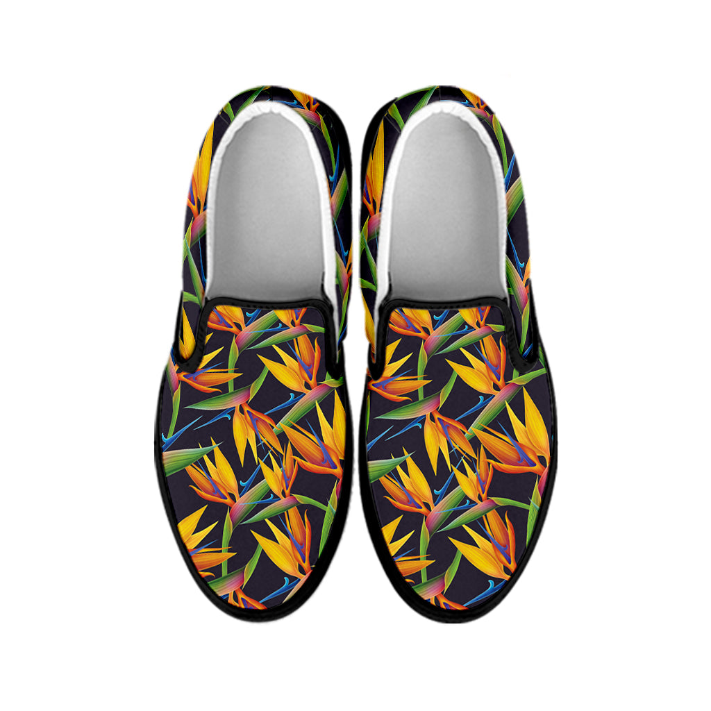 Bird Of Paradise Flower Pattern Print Black Slip On Shoes