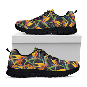 Bird Of Paradise Flower Pattern Print Black Sneakers