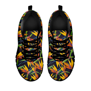 Bird Of Paradise Flower Pattern Print Black Sneakers