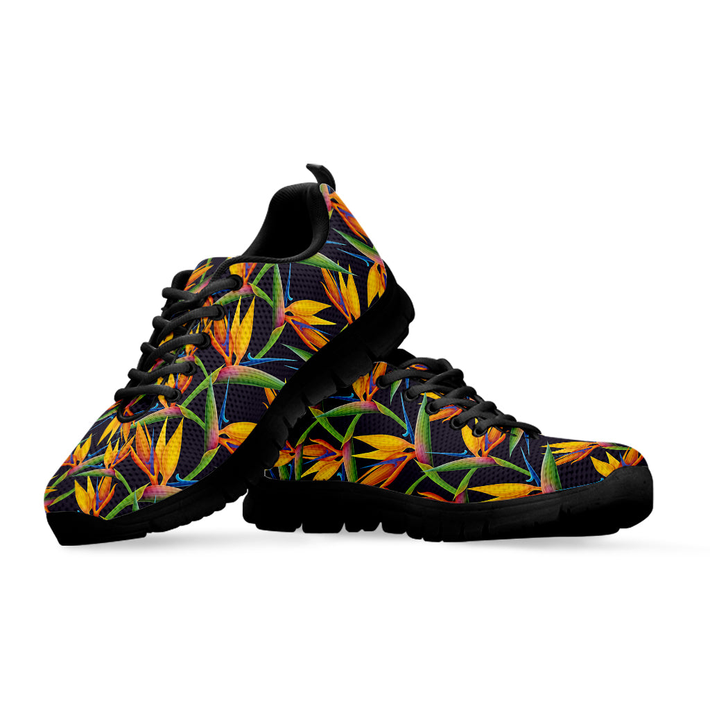 Bird Of Paradise Flower Pattern Print Black Sneakers