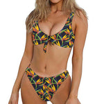 Bird Of Paradise Flower Pattern Print Front Bow Tie Bikini