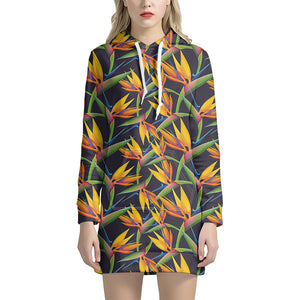 Bird Of Paradise Flower Pattern Print Hoodie Dress