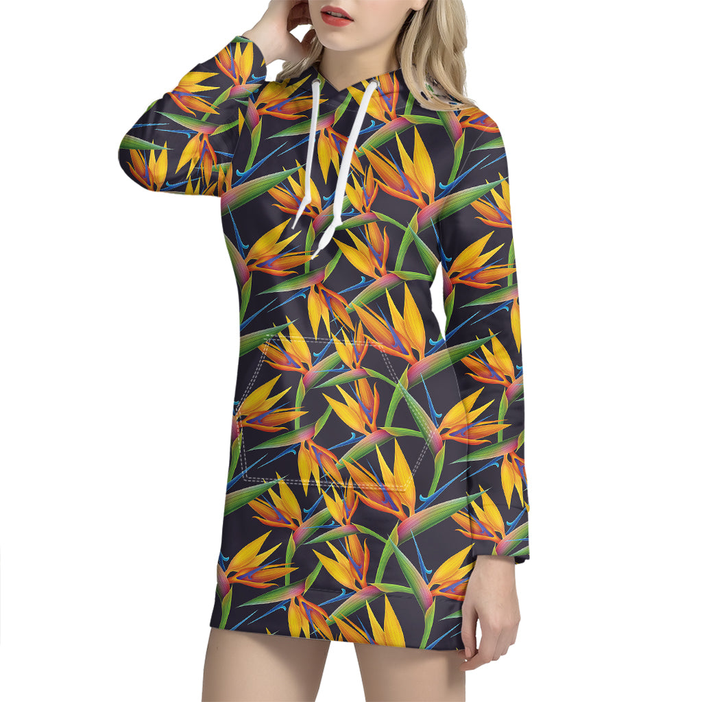 Bird Of Paradise Flower Pattern Print Hoodie Dress