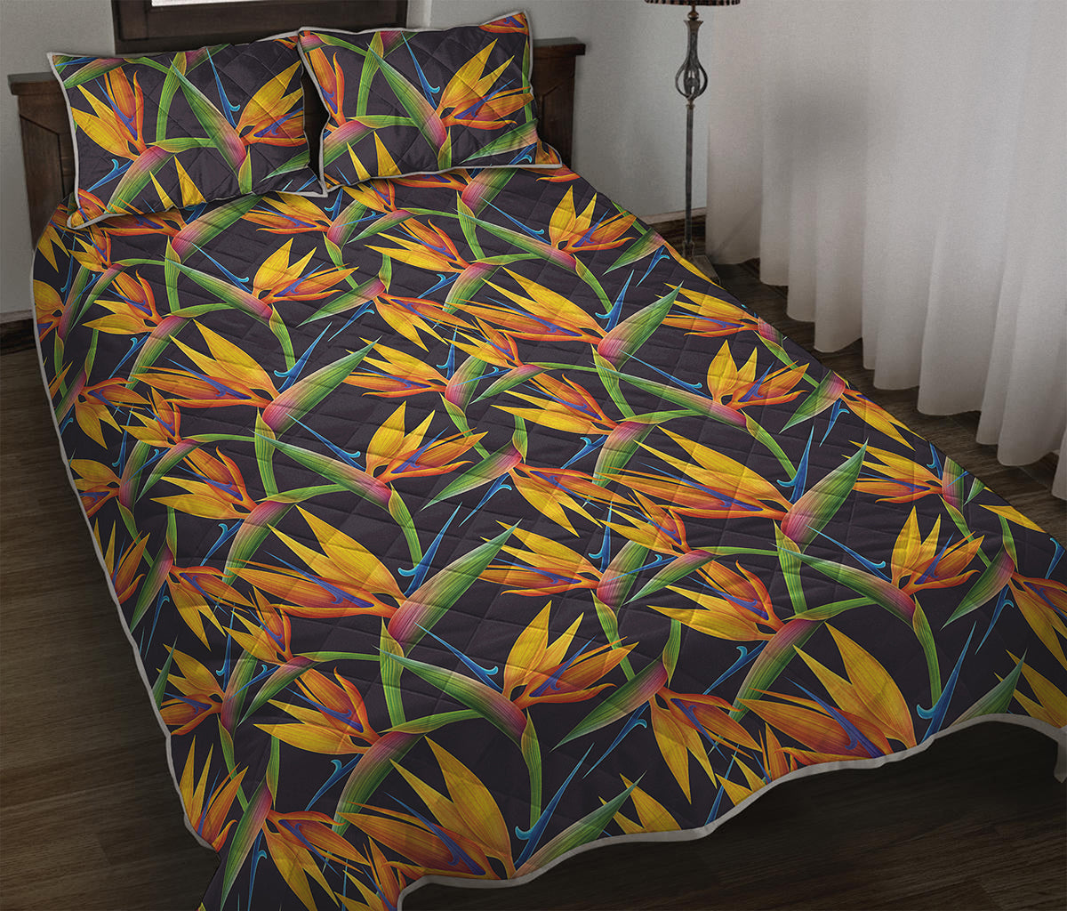Bird Of Paradise Flower Pattern Print Quilt Bed Set