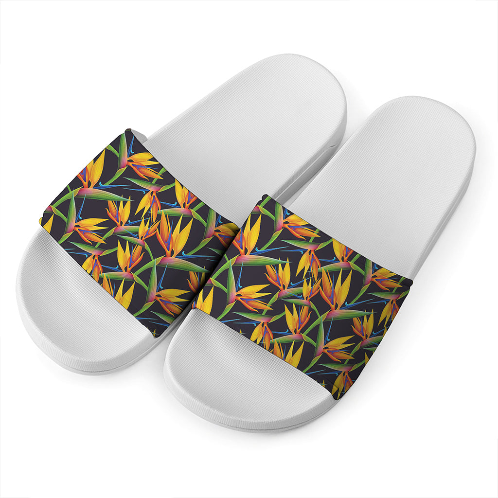 Bird Of Paradise Flower Pattern Print White Slide Sandals