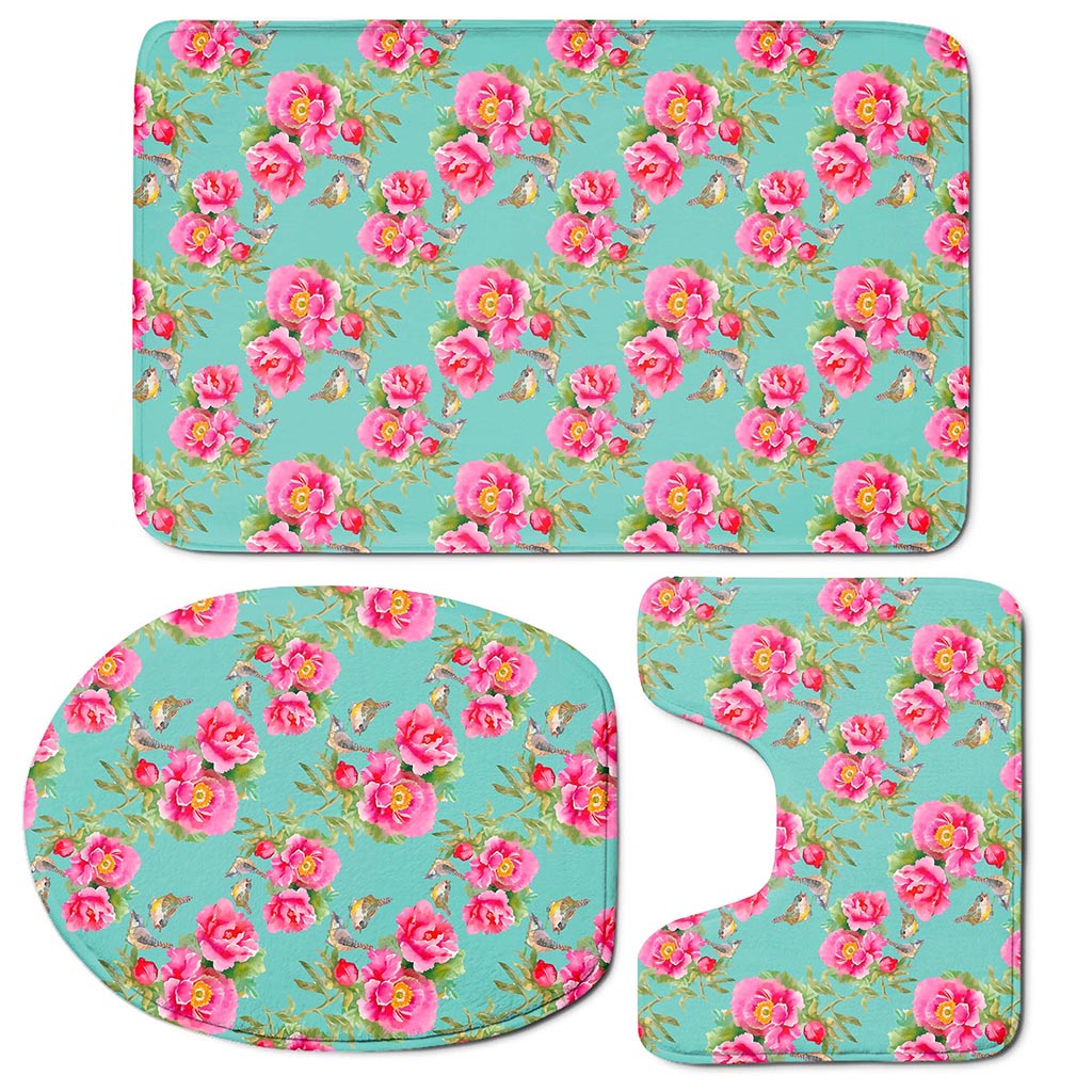 Bird Pink Floral Flower Pattern Print 3 Piece Bath Mat Set